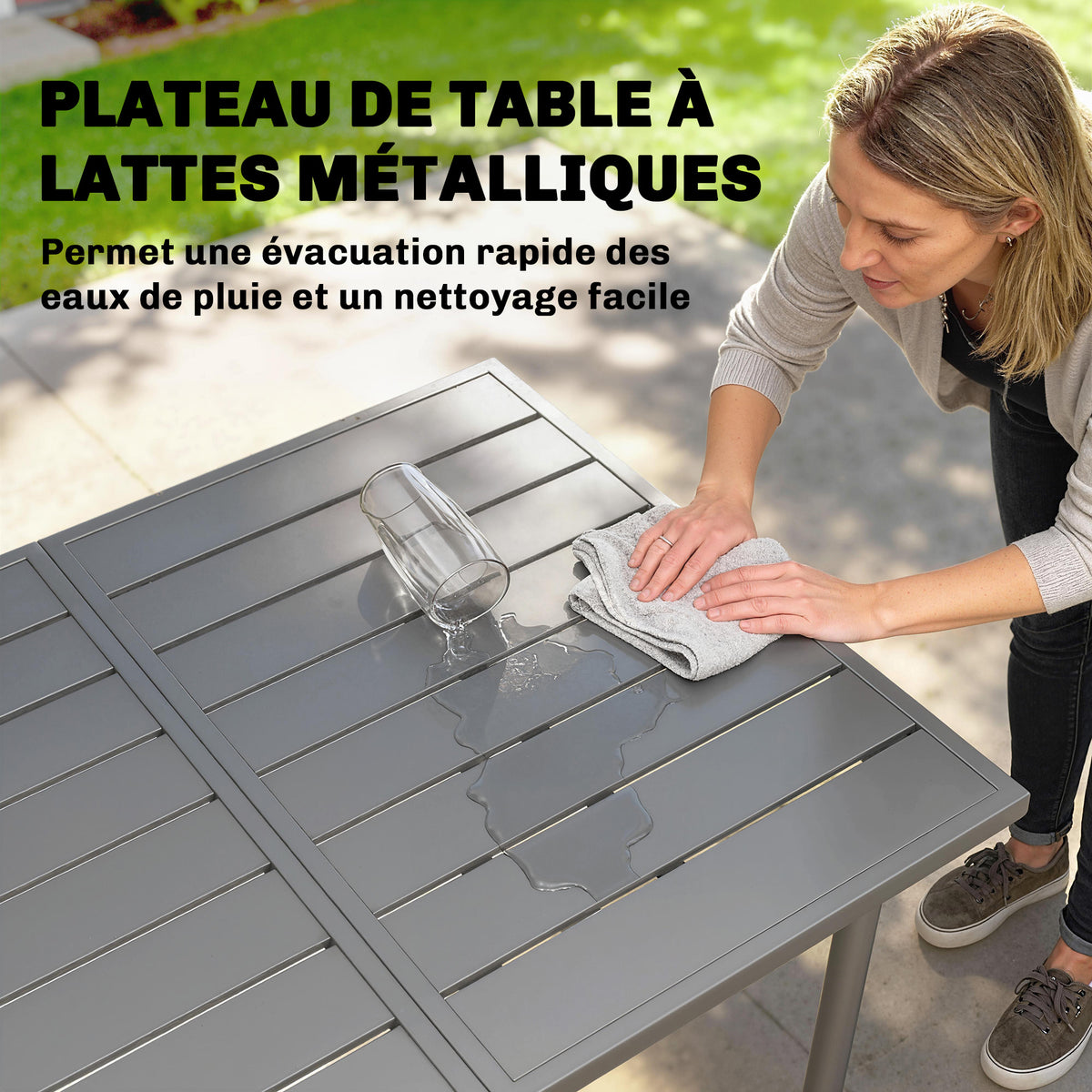 Table de jardin pour 6 personnes, 165 x 80 cm, table à manger extérieure rectangulaire avec plateau à lattes en métal-4