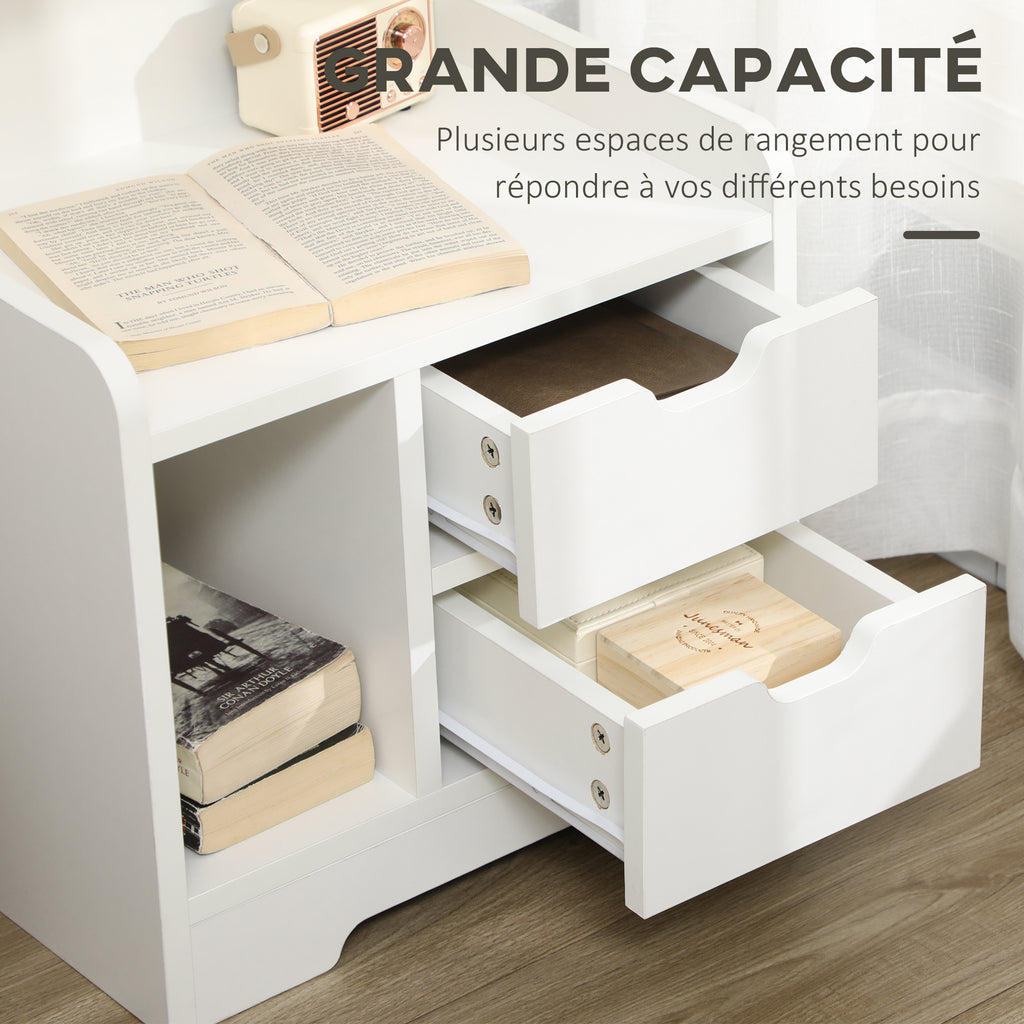 Table de Chevet Table de Nuit Multi-Rangement 2 tiroirs Niche étagère en bois Blanc-4
