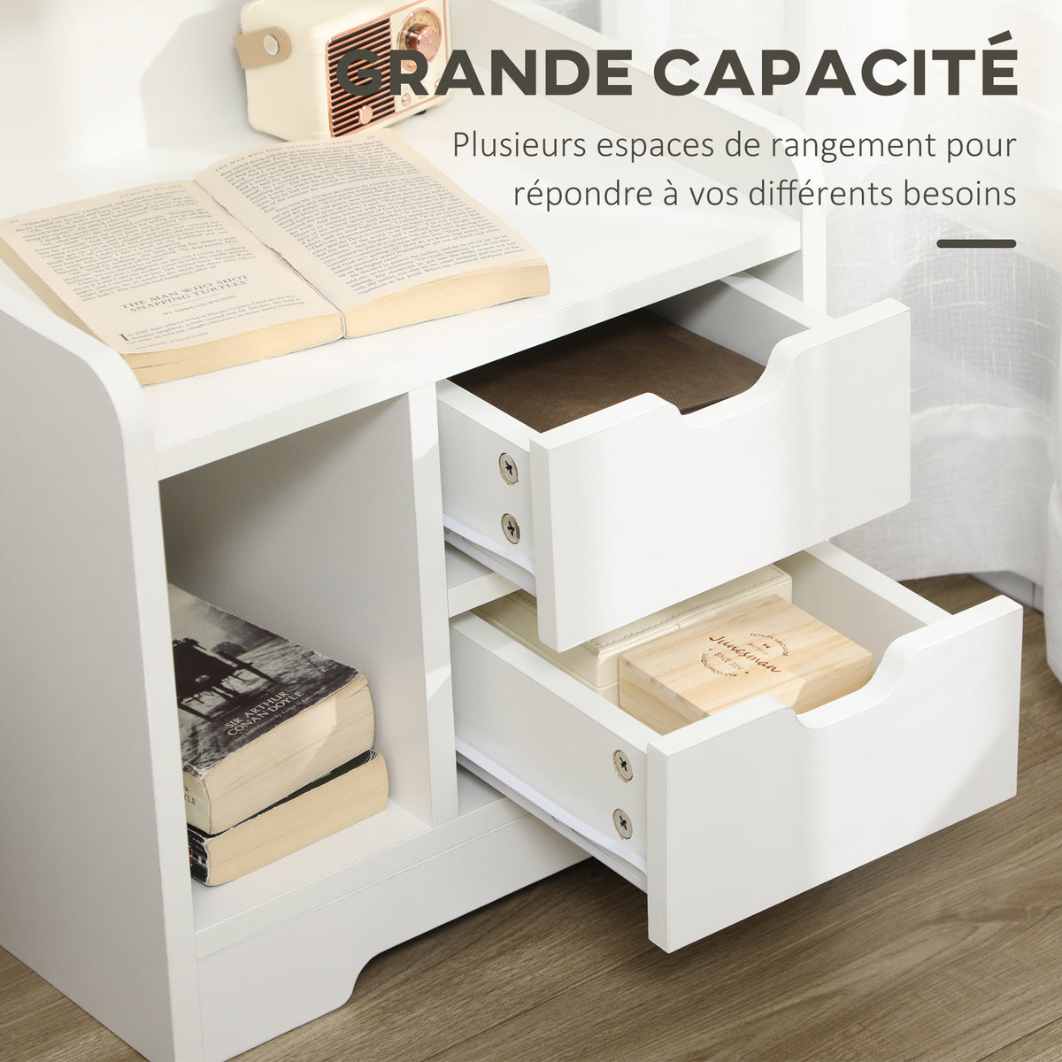 Table de Chevet Table de Nuit Multi-Rangement 2 tiroirs Niche étagère en bois Blanc-4