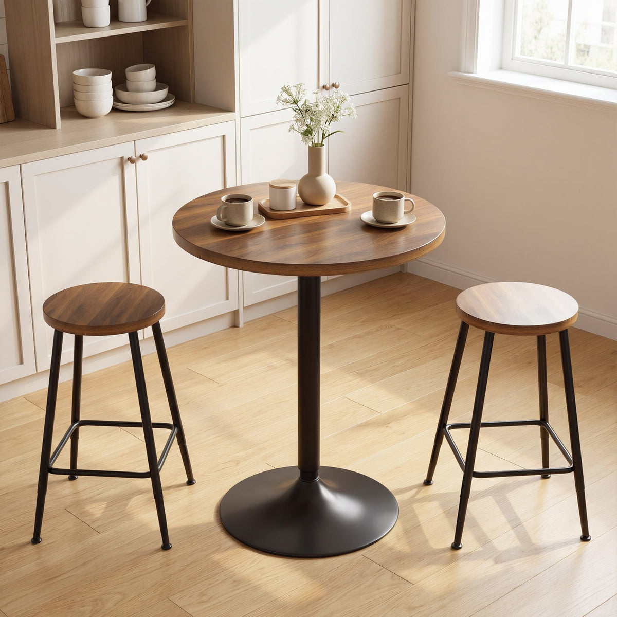 Table de bar ronde 60 cm, table haute cuisine mange-debout avec patins antidérapants, pour cuisine, salon, noyer-9