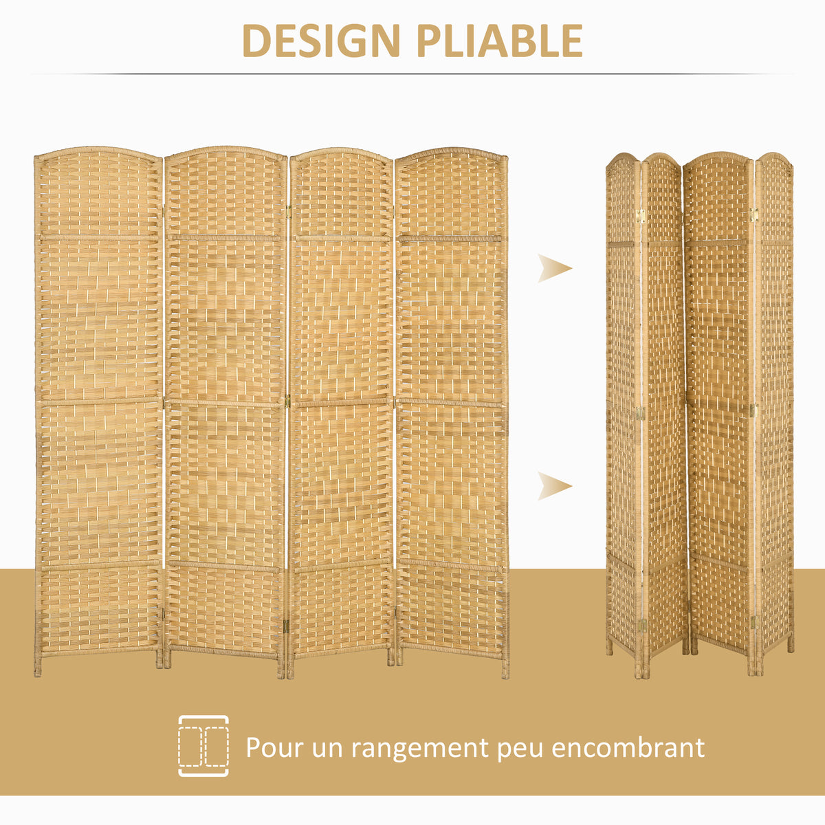 Paravent intérieur en bois 4 panneaux séparateur de pièce pliable pour salon chambre 180 x 180 cm bois naturel-3