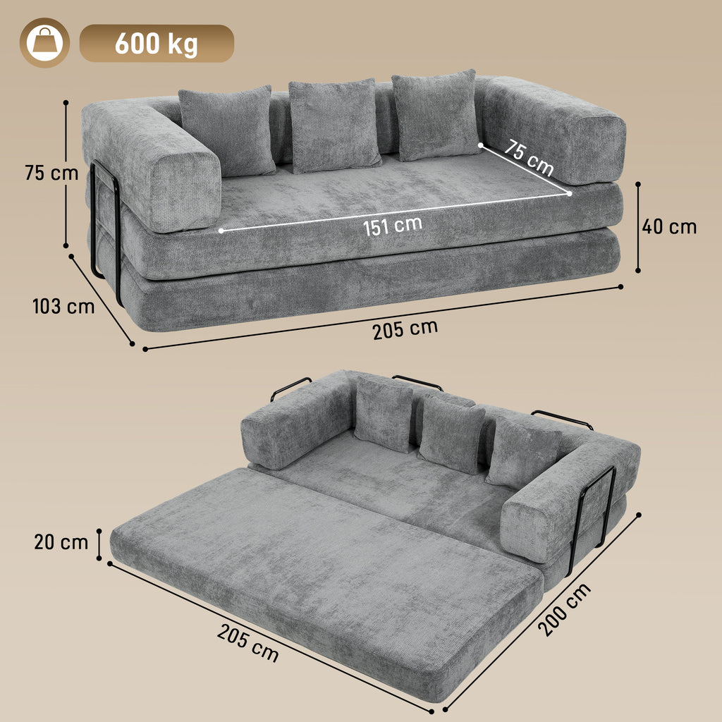 Canapé Convertible 3 Places Compressé 5 en 1, Canapé-Lit en Chenille 205cm, Assise Profonde, 2 Coussins, Gris-2