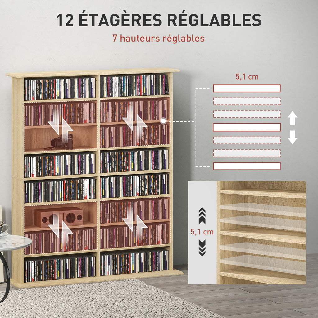 Rangements pour CD et DVD avec 16 compartiments et 12 étagères réglables capacité max. 720 CD/396 DVD et Blu-ray naturel-4