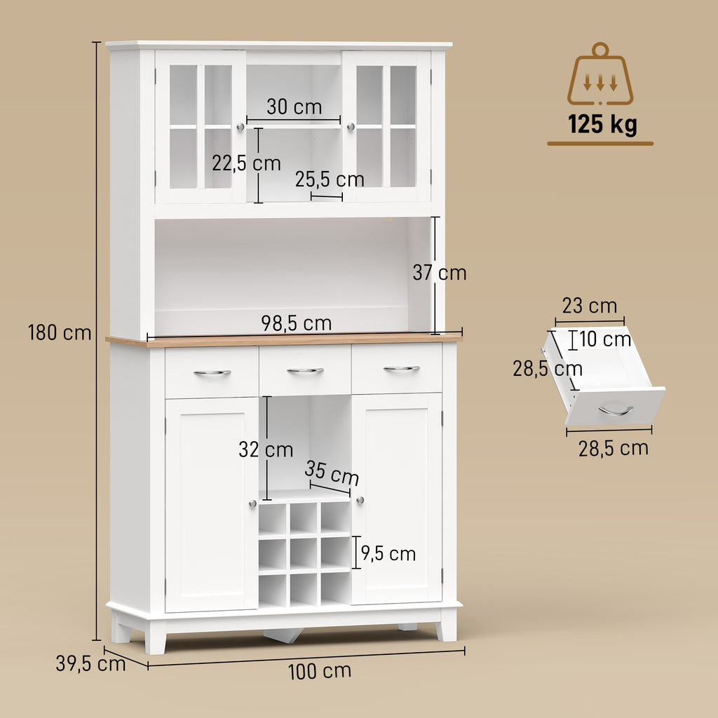 Buffet haut cuisine avec éclairage LED, vaisselier, 4 portes dont 2 en verre, tiroirs, porte-bouteilles, blanc-2