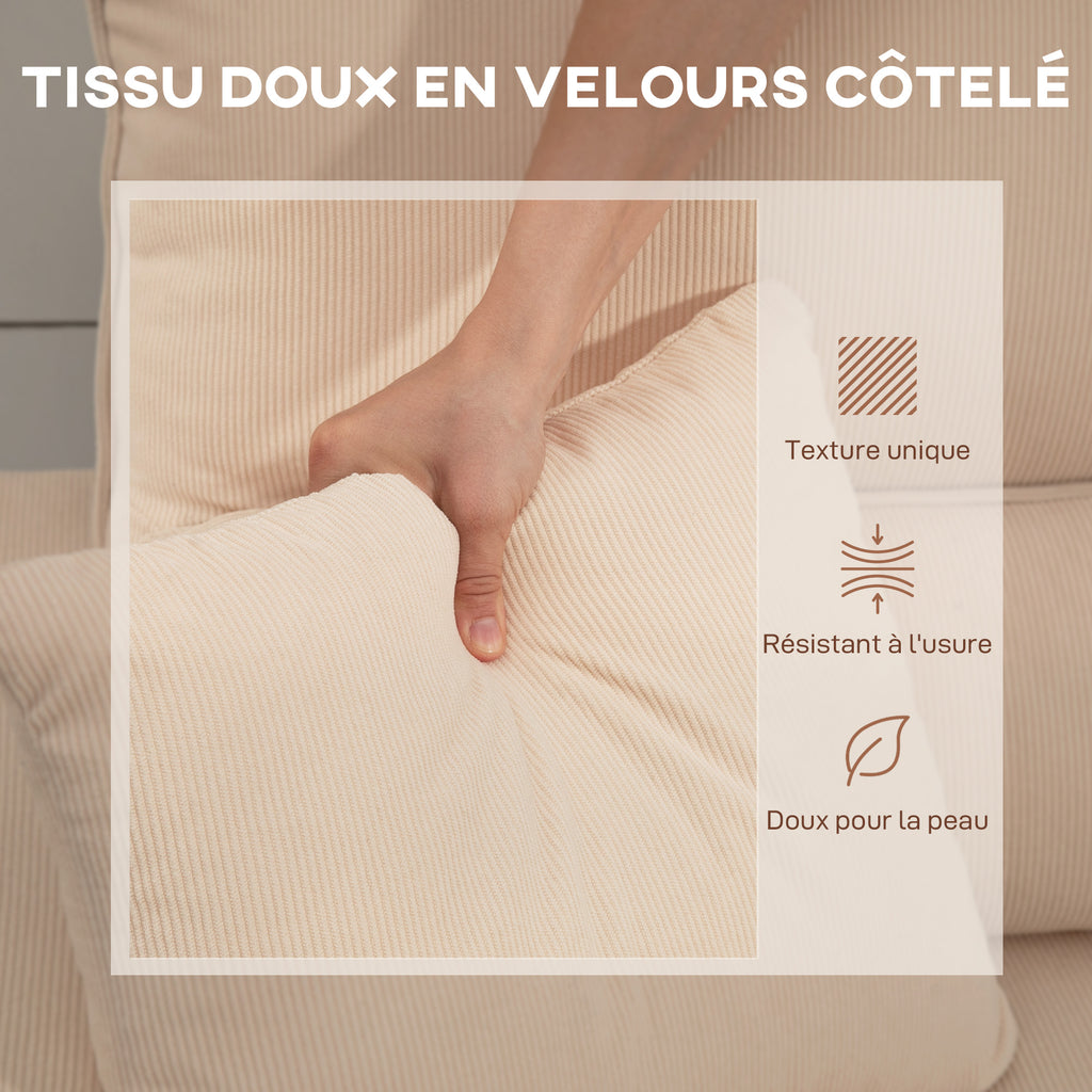 Canapé d'angle convertible en velours côtelé, canapé-lit 3 places avec rangement caché, coussins, 205x135x76cm, beige-7