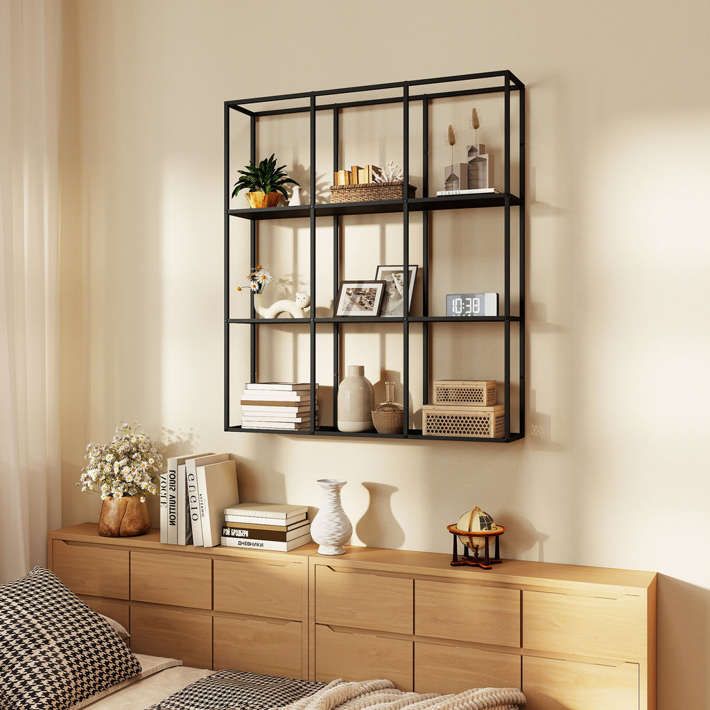 Étagère Murale Industrielle 9 Compartiments, Étagère Modulaire en Métal pour Objets de Collection, 87,5x18x100cm Noir-9