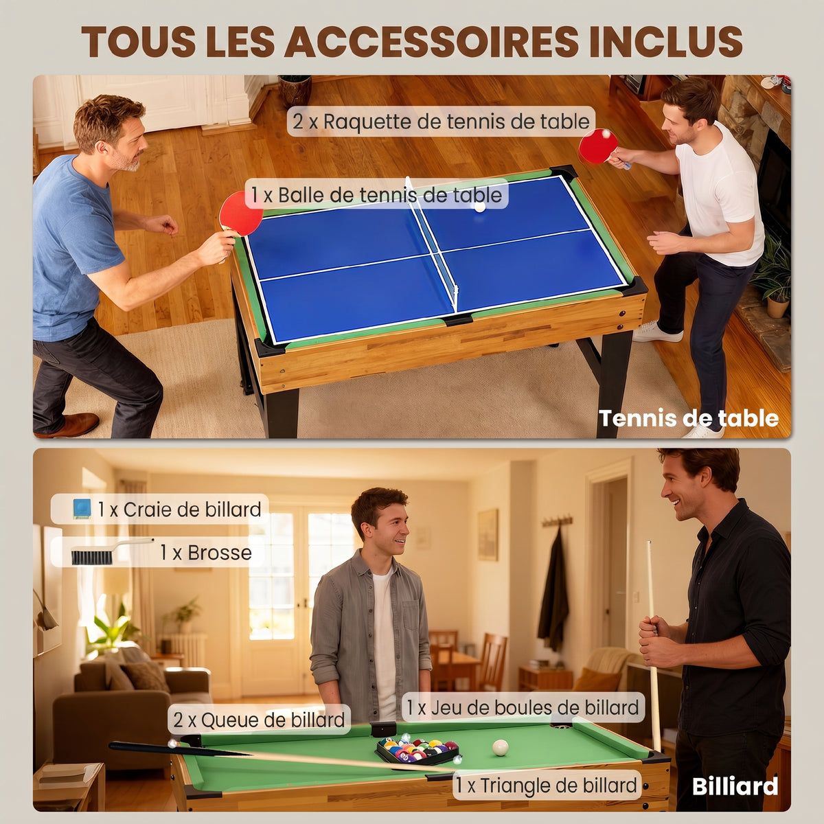 Table multijeux 13 en 1, table de jeu baby-foot, billard, ping-pong, 121x109x80cm, pour enfants et adultes, noyer clair-6