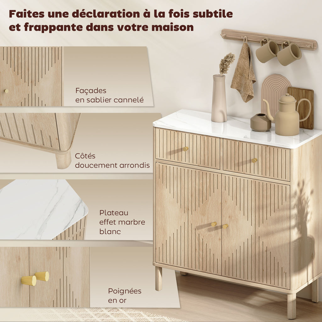Buffet, meuble de rangement cannelé avec plateau effet marbre, 2 tiroirs, 2 portes, étagère réglable, 77x30x80cm, chêne-3