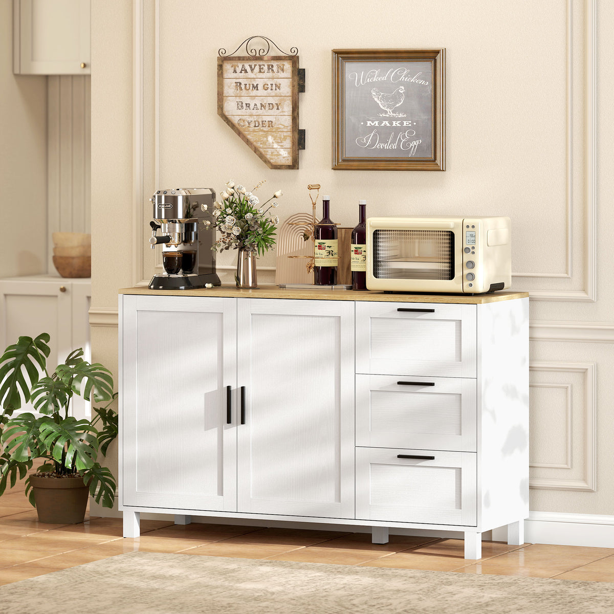 Buffet salon, meuble de rangement, double porte à fermeture amortie, 3 tiroirs et étagère réglable, 120x38x76cm, blanc-9