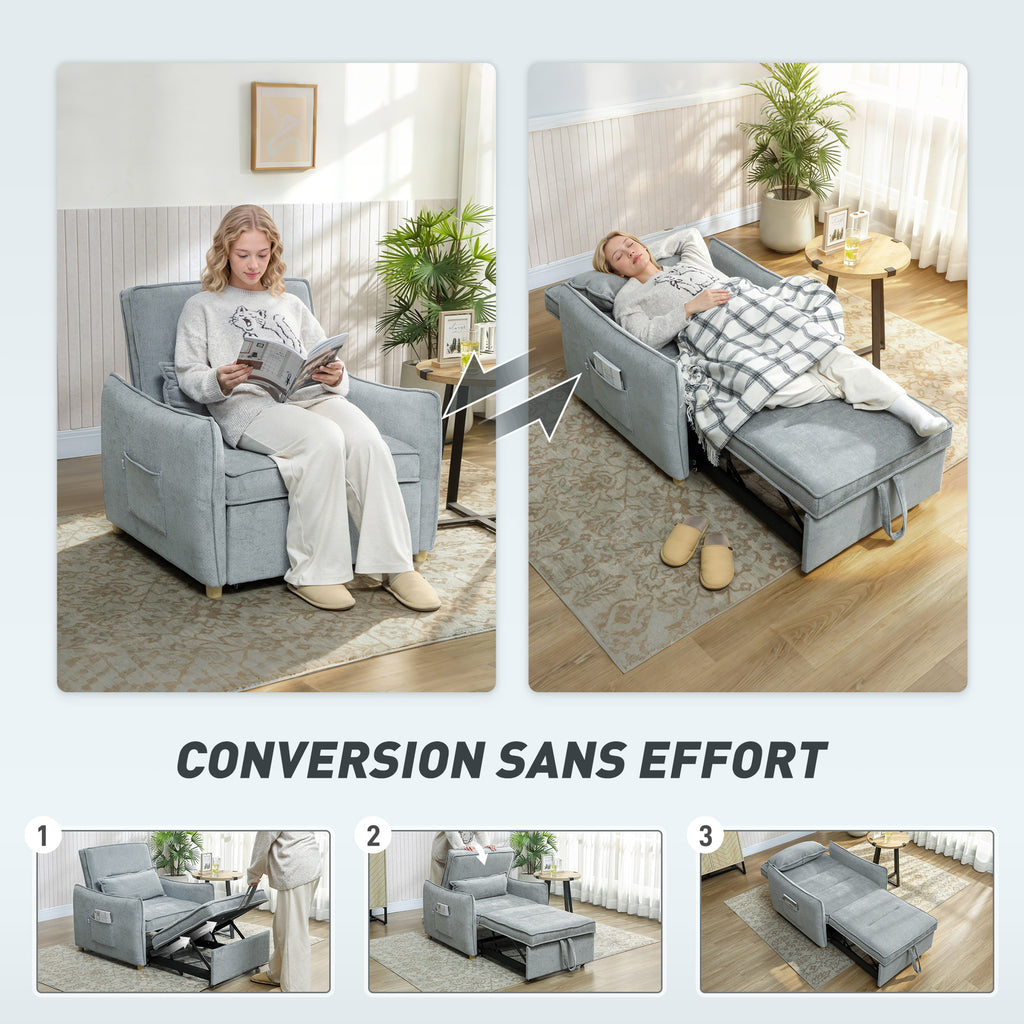 Fauteuil convertible 1 place 3 en 1, fauteuil-lit clic-clac en chenille, assise large dossier réglable, 88x84x87cm, gris-3