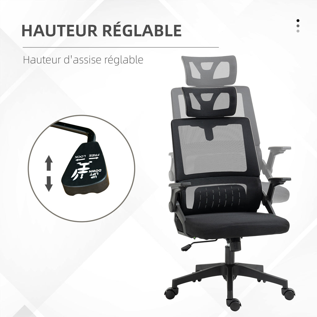 Fauteuil de bureau réglable tissu maille polyester dossier ergonomique inclinable pivotant Noir-3