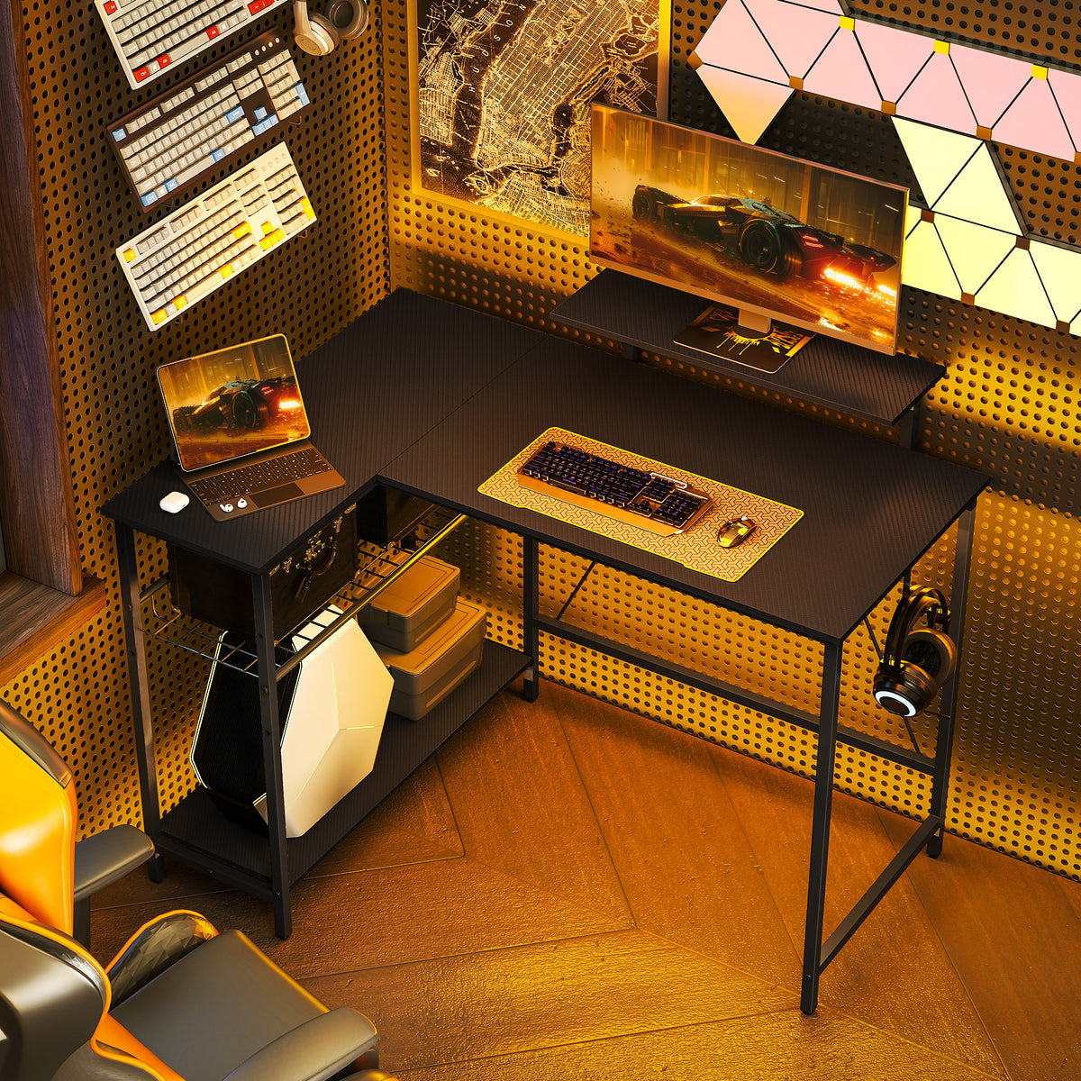 Bureau gaming réversible, bureau gaming d'angle, support pour écran, étagère en maille réglable, 114,5x82x91,5cm, noir-9