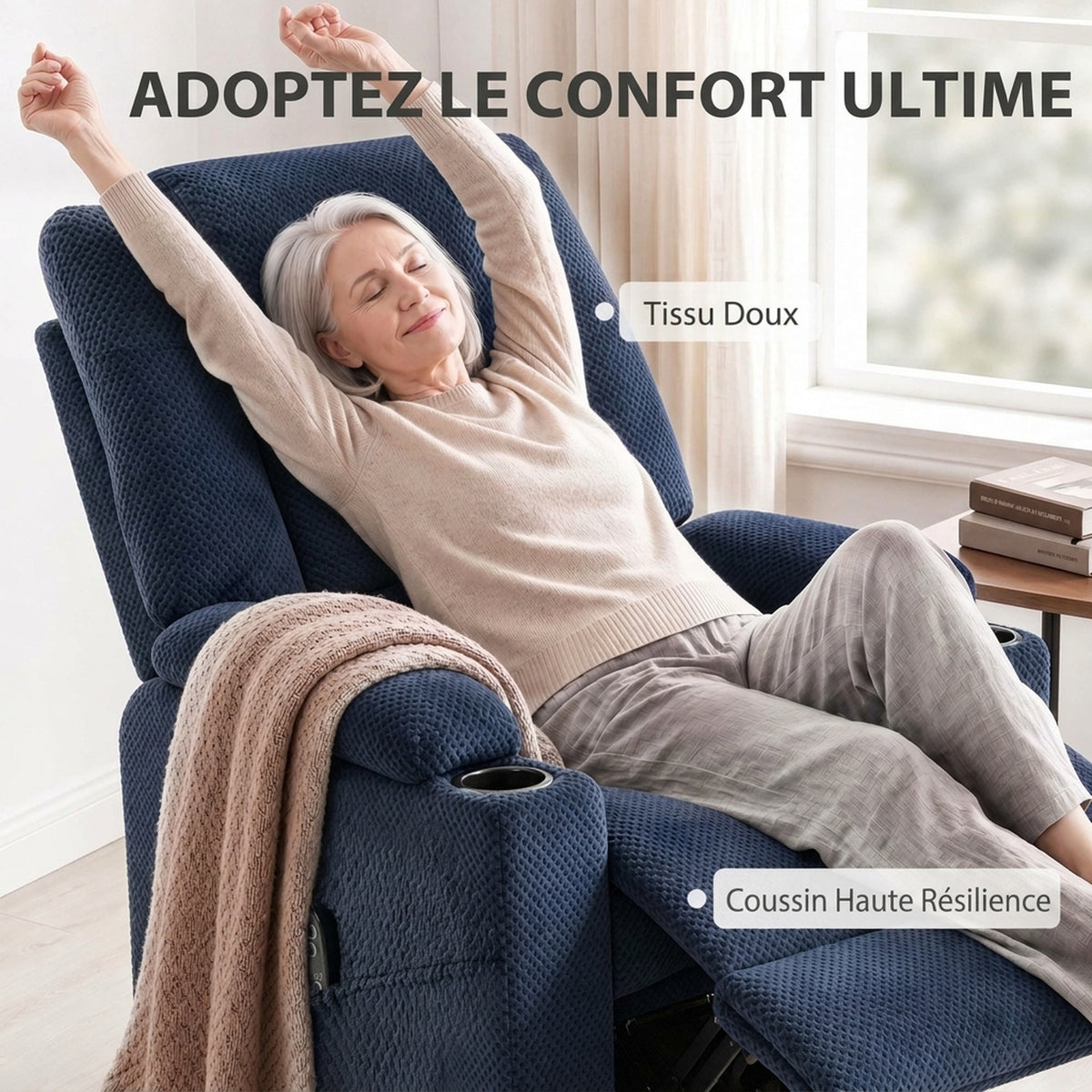 Fauteuil Releveur Électrique Massage Vibration et Chaleur, Fauteuil Relax Électrique en Velours, Dossier Inclinable Bleu-5
