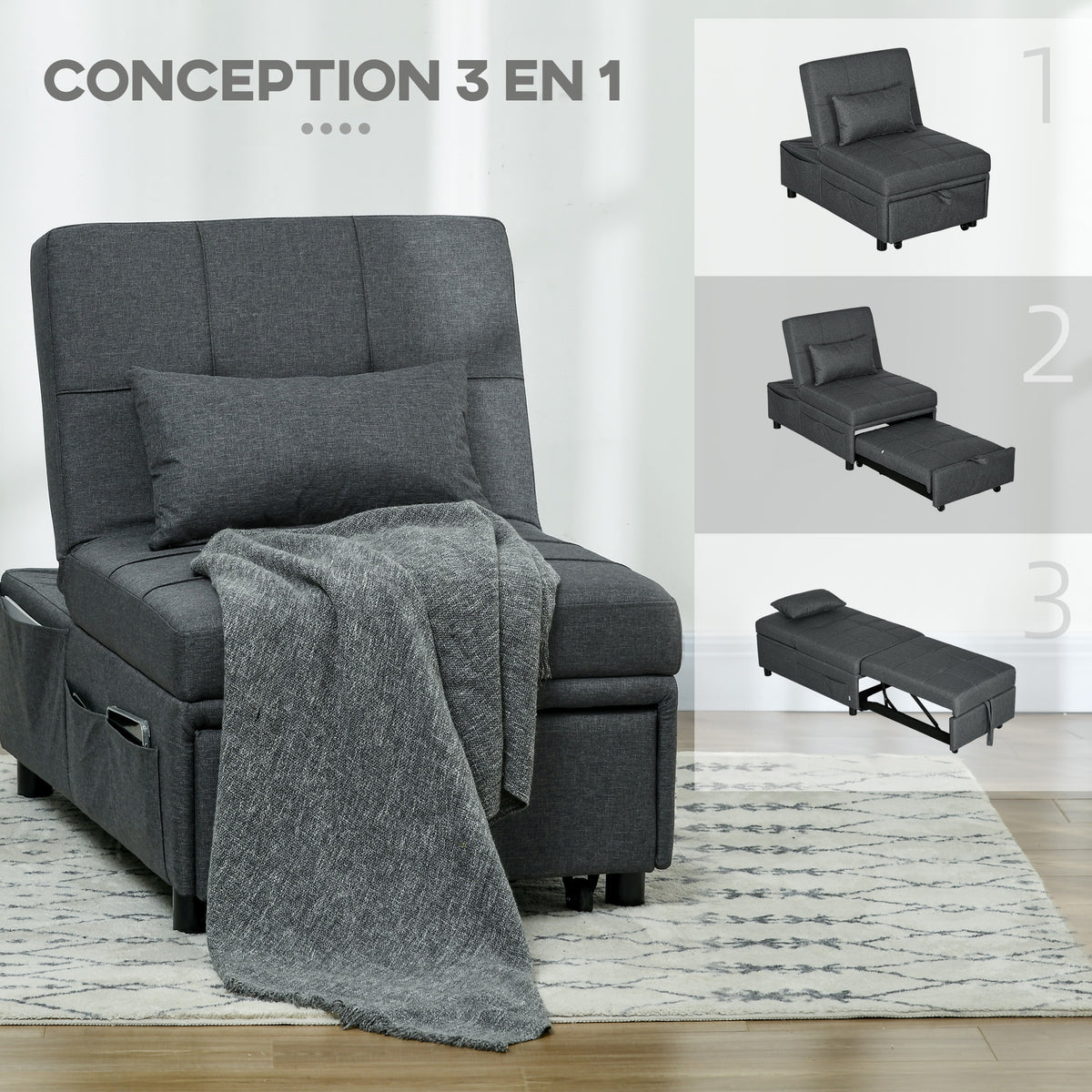 Fauteuil convertible 1 place fauteuil lit avec dossier réglable, siège rembourré et oreiller, gris-5