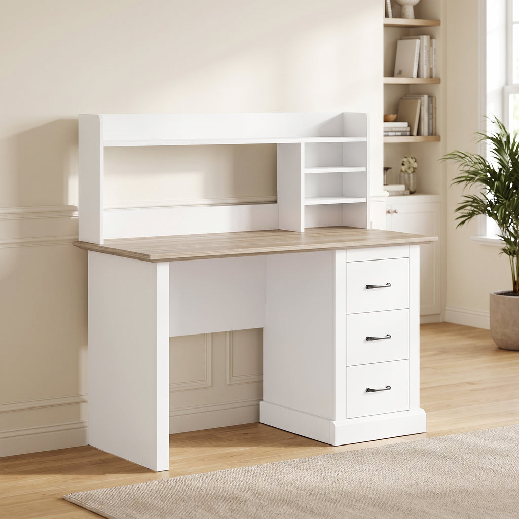 Bureau Informatique avec 3 Tiroirs, 120x55cm, Bureau avec Rangement, Étagères Ouvertes et Large Plateau, Chêne et Blanc-1