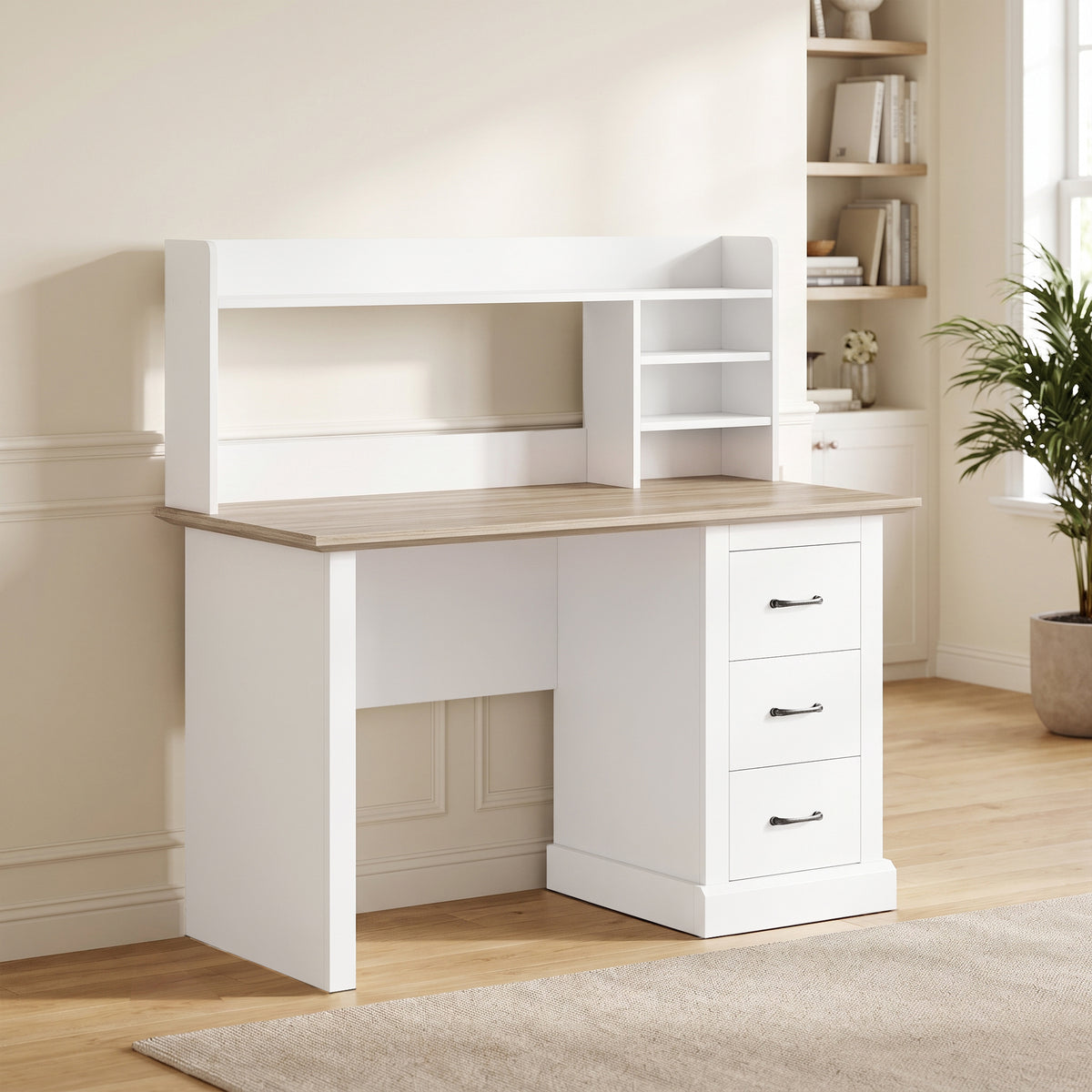 Bureau Informatique avec 3 Tiroirs, 120x55cm, Bureau avec Rangement, Étagères Ouvertes et Large Plateau, Chêne et Blanc-1