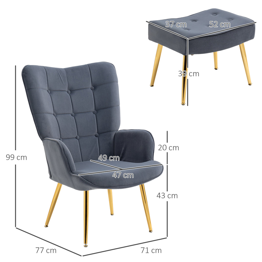 Fauteuil avec repose-pied, fauteuil salon capitonné avec dossier haut, pieds en acier doré et tissu velours, gris foncé-2