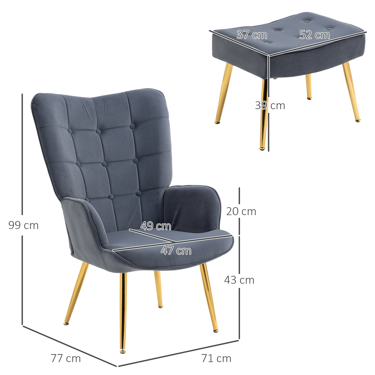 Fauteuil avec repose-pied, fauteuil salon capitonné avec dossier haut, pieds en acier doré et tissu velours, gris foncé-2