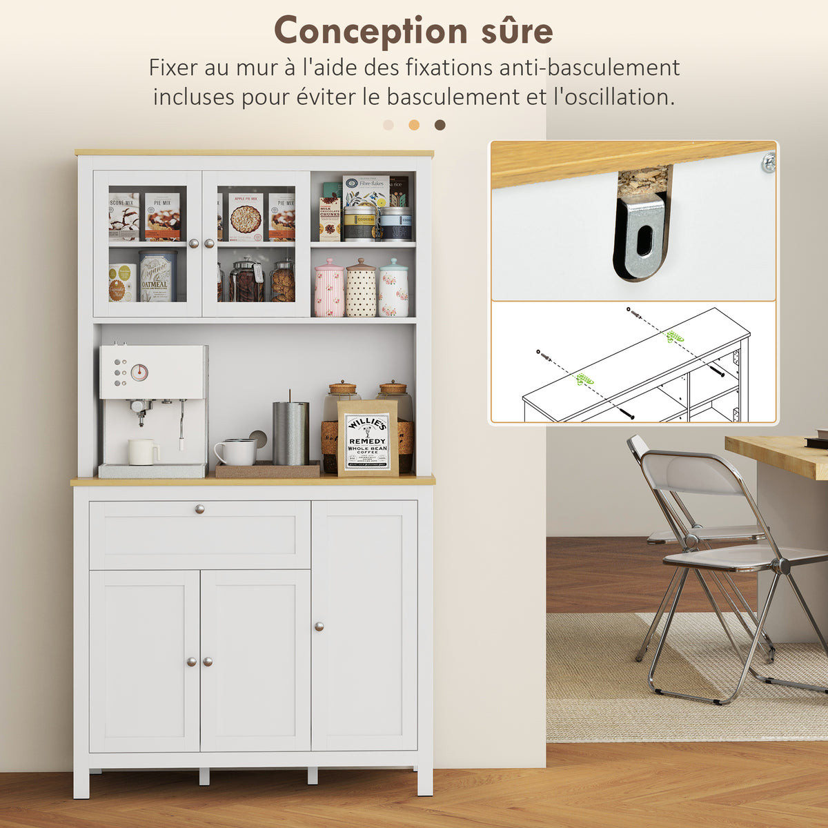 Buffet de cuisine haut 5 portes dont 2 portes vitrées et 1 tiroir, 1 niche centrale - hauteur 180 cm blanc-7