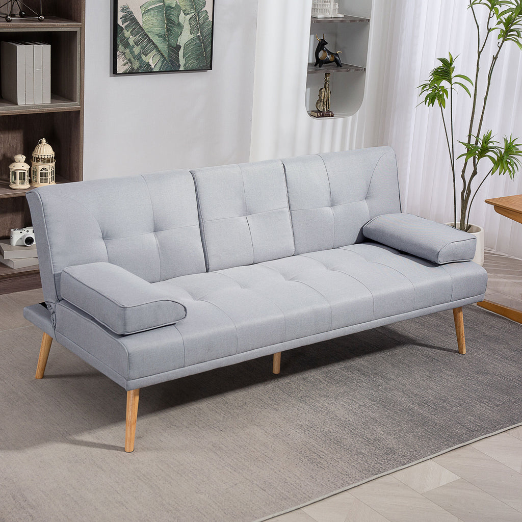 Canapé convertible 3 places, canapé-lit rembourré avec dossier réglable 3 niveaux, 2 coussins et 2 porte-gobelets intégrés, tissu de lin, pour salon, chambre d'amis, petit espace, gris clair-1