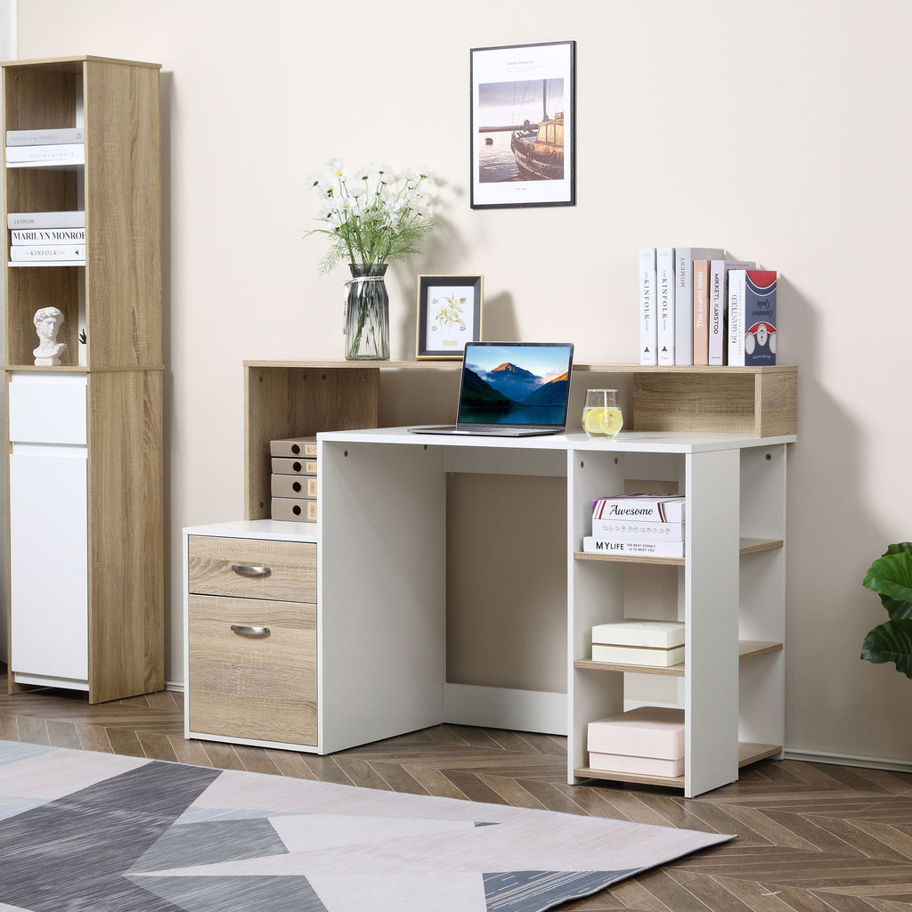Bureau informatique avec 2 tiroirs, bureau avec rangement, 137 x 55 x 92 cm, étagères ouvertes et tablette-7