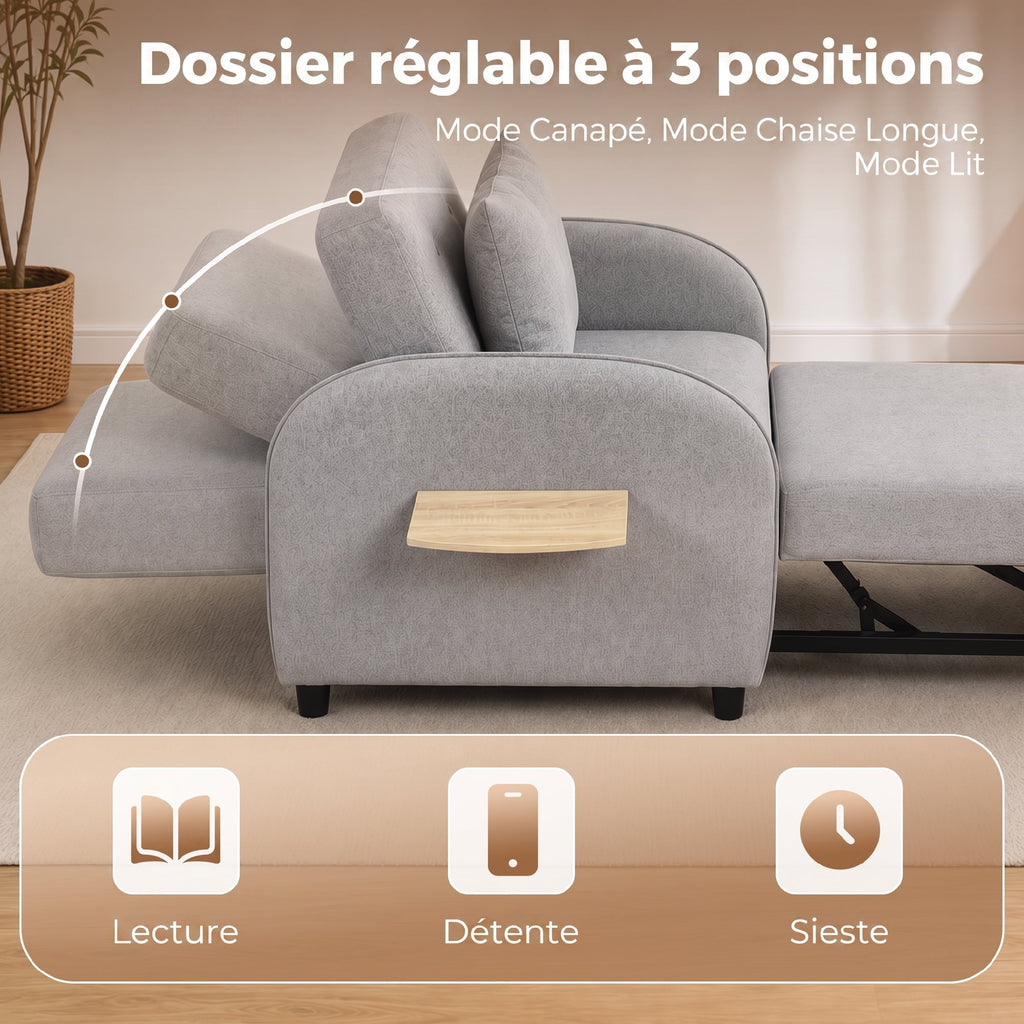 Fauteuil Convertible 1 Place, Fauteuil-Lit Clic-Clac 3 en 1, Dossier Réglable, Tablette Latérale Rabattable, Gris-4