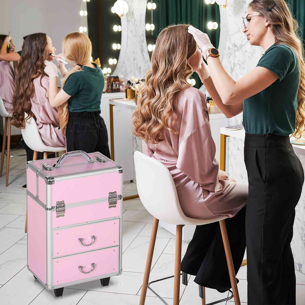 Valise trolley maquillage mallette cosmétique vanity poignée télescopique réglable 36L x 23l x 58H cm alu ABS rose-1