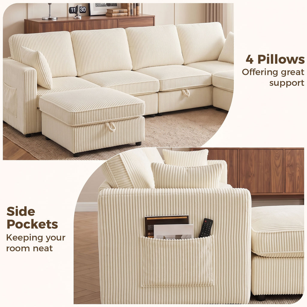 Canapé 4 Places avec 2 Poufs de Rangement, Canapé d'Angle Modulable en U 306 cm en Velours Côtelé, 4 Coussins, Crème-7