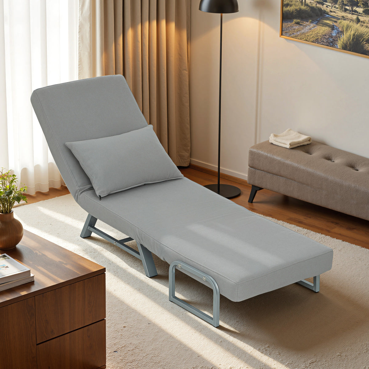 Fauteuil Convertible 1 Place, Fauteuil-Lit Pliable Rembourré en Lin avec Dossier Réglable, Oreiller, Gris Clair-1