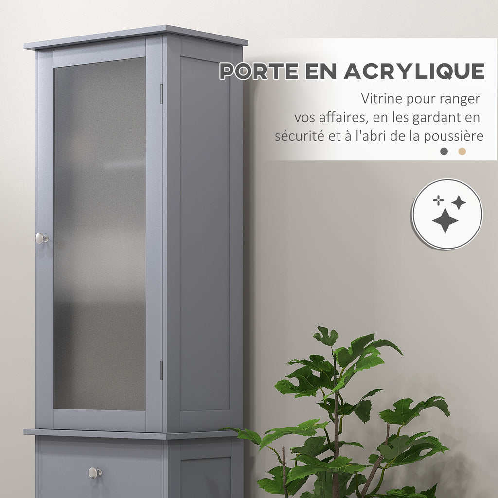 Meuble Colonne de Salle de Bain Placard Porte Acrylique 2 étagères Placard Porte 1 étagère tiroir MDF Gris-4