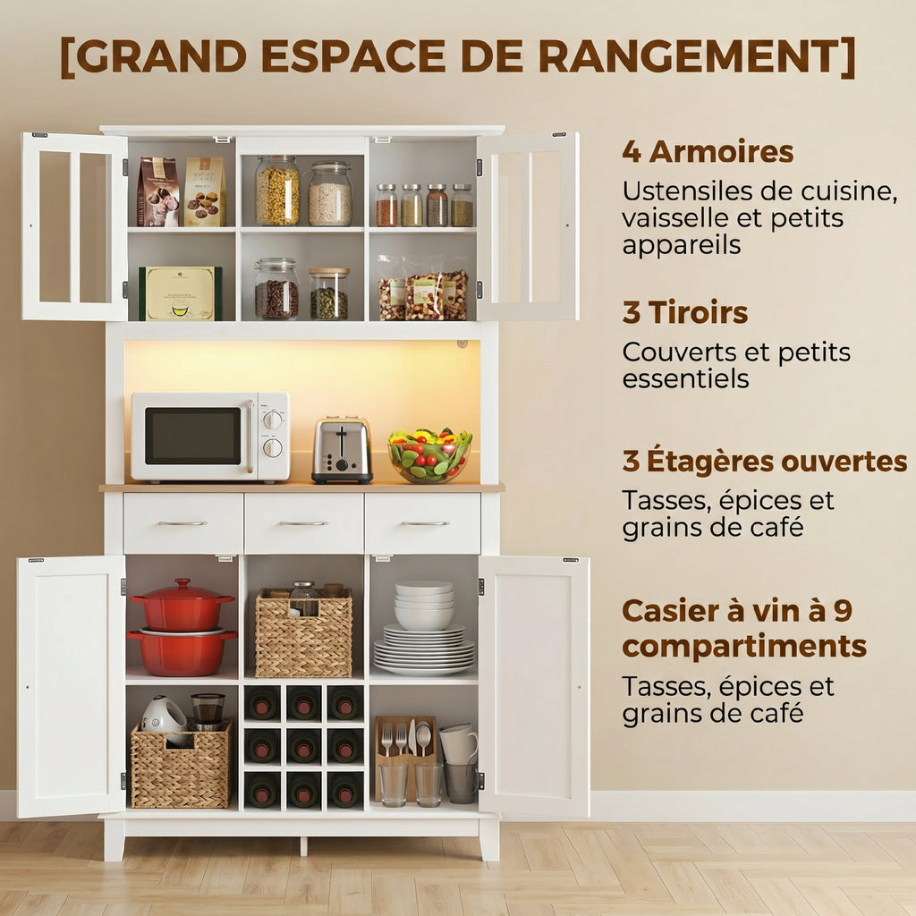Buffet haut cuisine avec éclairage LED, vaisselier, 4 portes dont 2 en verre, tiroirs, porte-bouteilles, blanc-4