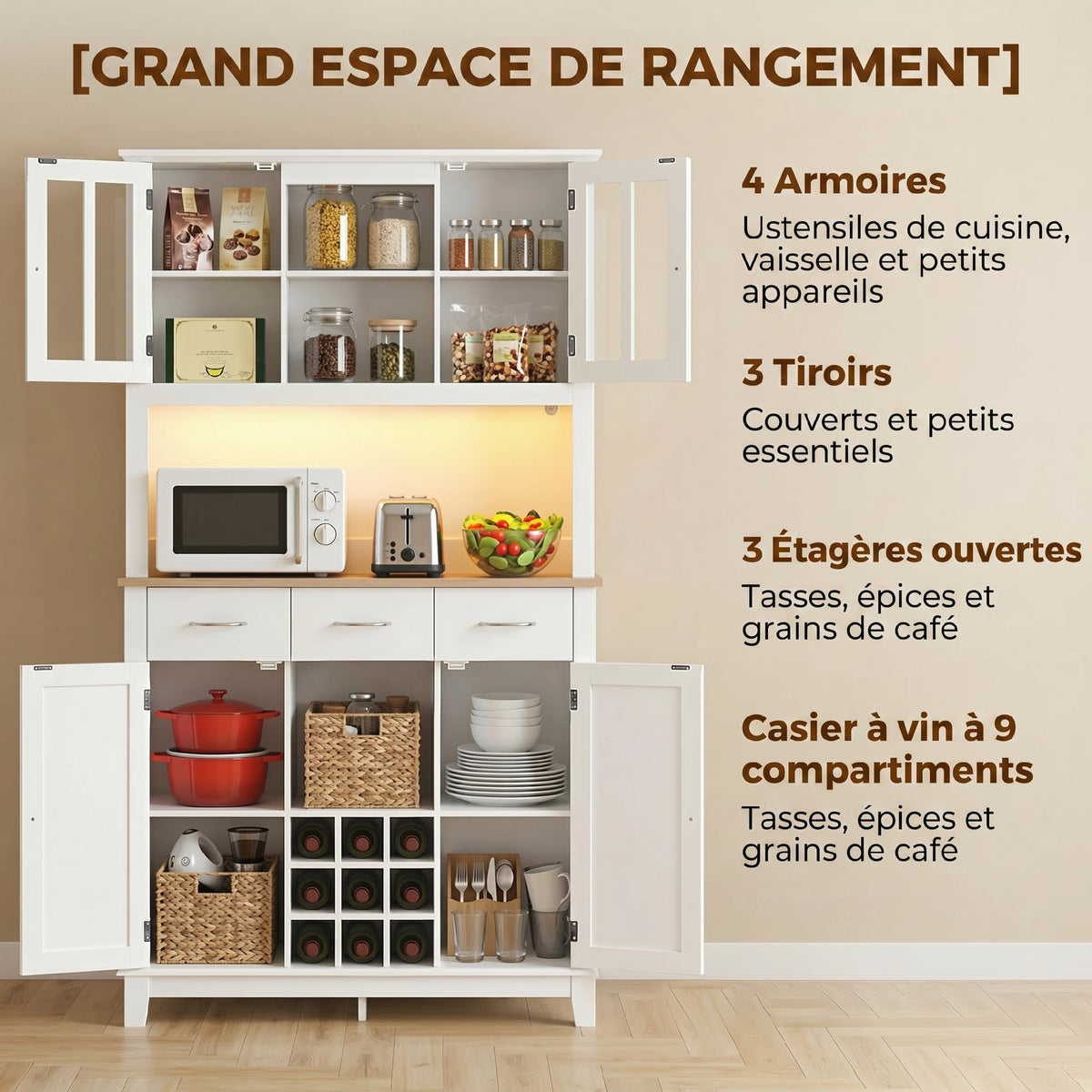Buffet haut cuisine avec éclairage LED, vaisselier, 4 portes dont 2 en verre, tiroirs, porte-bouteilles, blanc-4