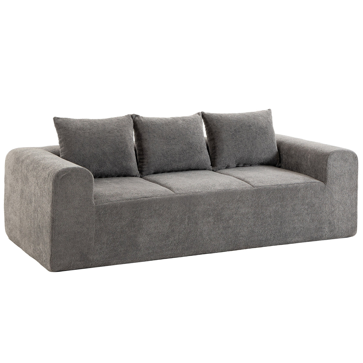 Canapé 3 Places en Chenille 220 cm, Canapé Salon Moderne avec Assise et Accoudoirs Larges, 3 Coussins, Gris-0