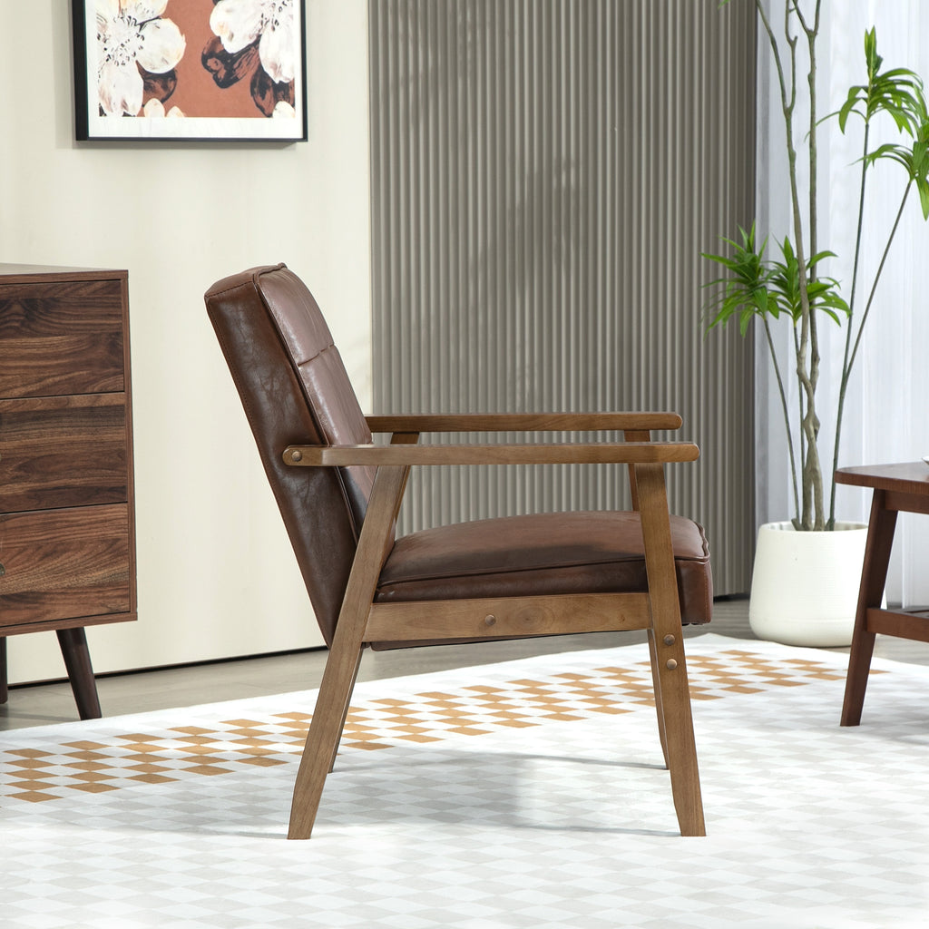 Fauteuil de salon, fauteuil de chambre en cuir synthétique, dossier capitonné, pieds en bois massif, 64x73x81cm, marron-7