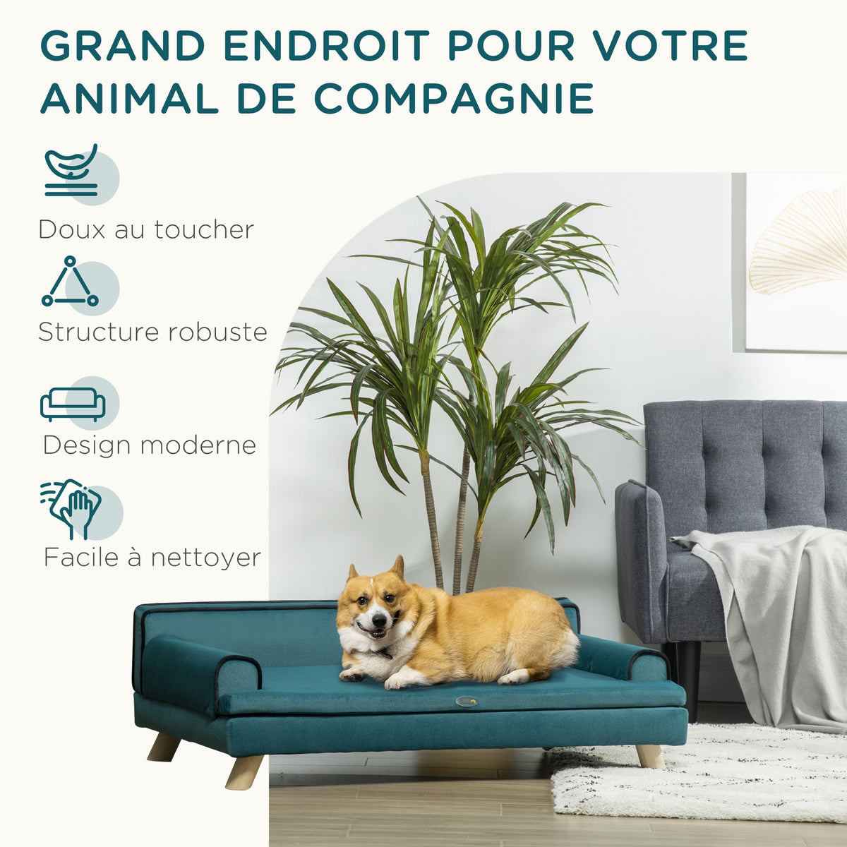 Canapé pour chien chat design scandinave coussin moelleux amovible pieds bois massif 100 x 62 x 32 cm bleu canard-6