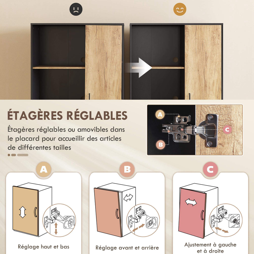 Armoire de cuisine meuble de rangement, 2 tiroirs 1 placard 2 niches et étagères réglables, 88x35x160cm, noir et naturel-6