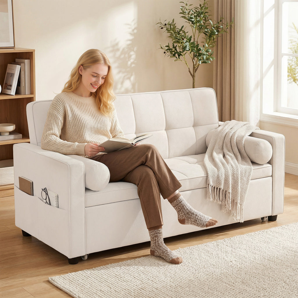 Canapé convertible 2 places 3 en 1 canapé-lit avec lit gigogne double dossier réglable 2 coussins 80,5x137,5x84cm beige-9