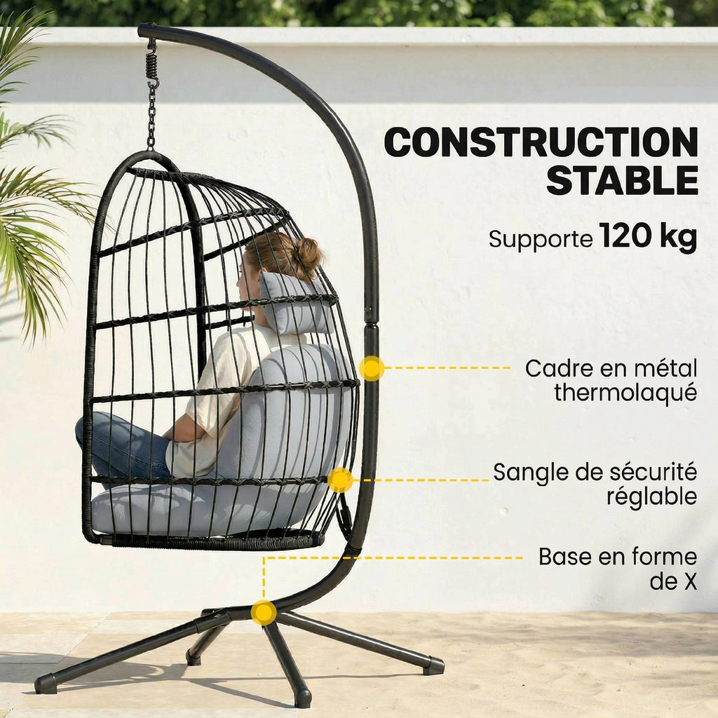 Fauteuil Œuf Suspendu Pliable avec Support Coussin 15cm et Appui-tête Gain de Place Résine Tressée 101x105x196cm Gris-3