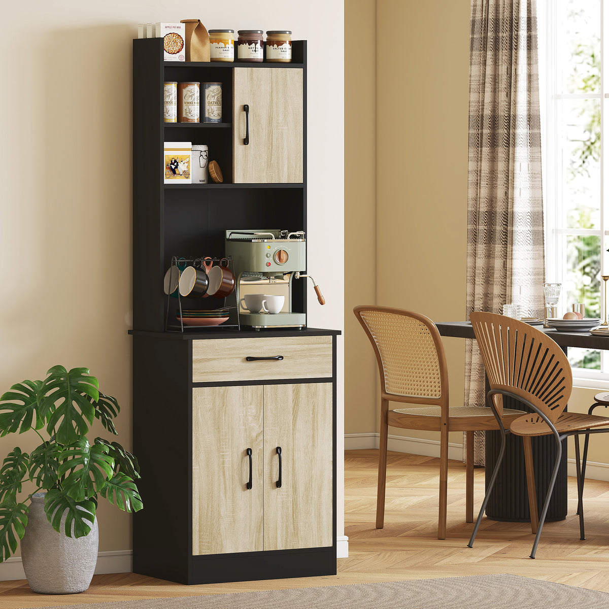 Buffet haut cuisine, armoire de cuisine, tiroir, 3 portes, étagères ouvertes, plan de travail, 60x40x180cm, bois naturel-6