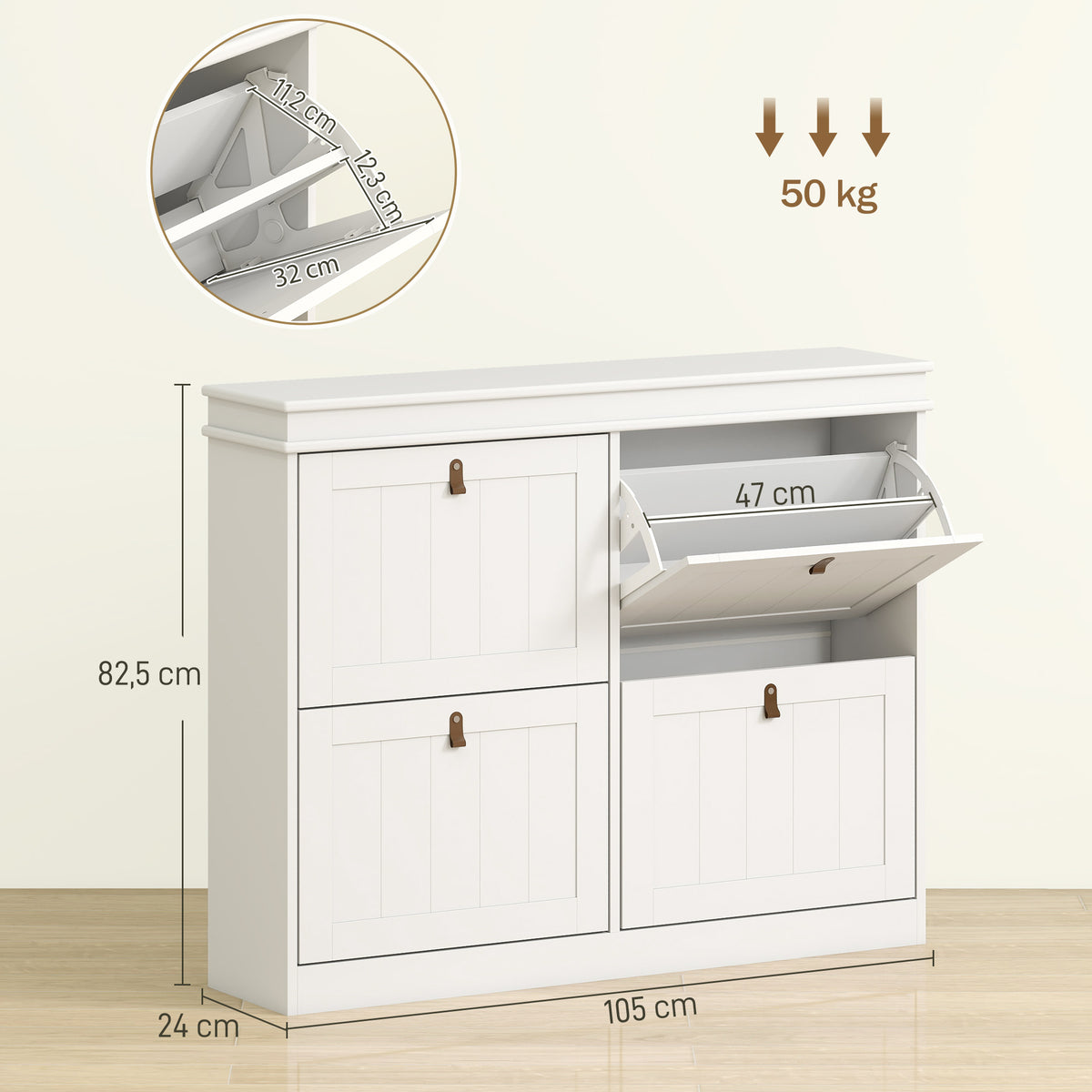Meuble à chaussures 20 paires, armoire à chaussures, 4 tiroirs rabattables, étagères réglables, 105x24x82,5cm, blanc-2