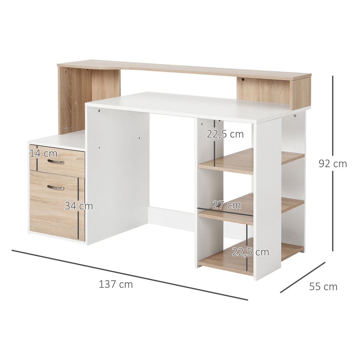 Bureau informatique avec 2 tiroirs, bureau avec rangement, 137 x 55 x 92 cm, étagères ouvertes et tablette-2