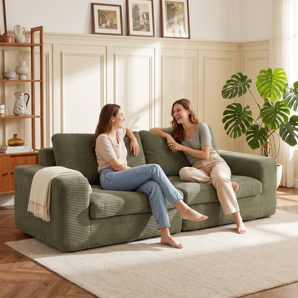 Canapé 3 Places en Velours Côtelé, Canapé de Salon Compressé Moderne 236 cm avec Coussin à Ressorts, Vert-7