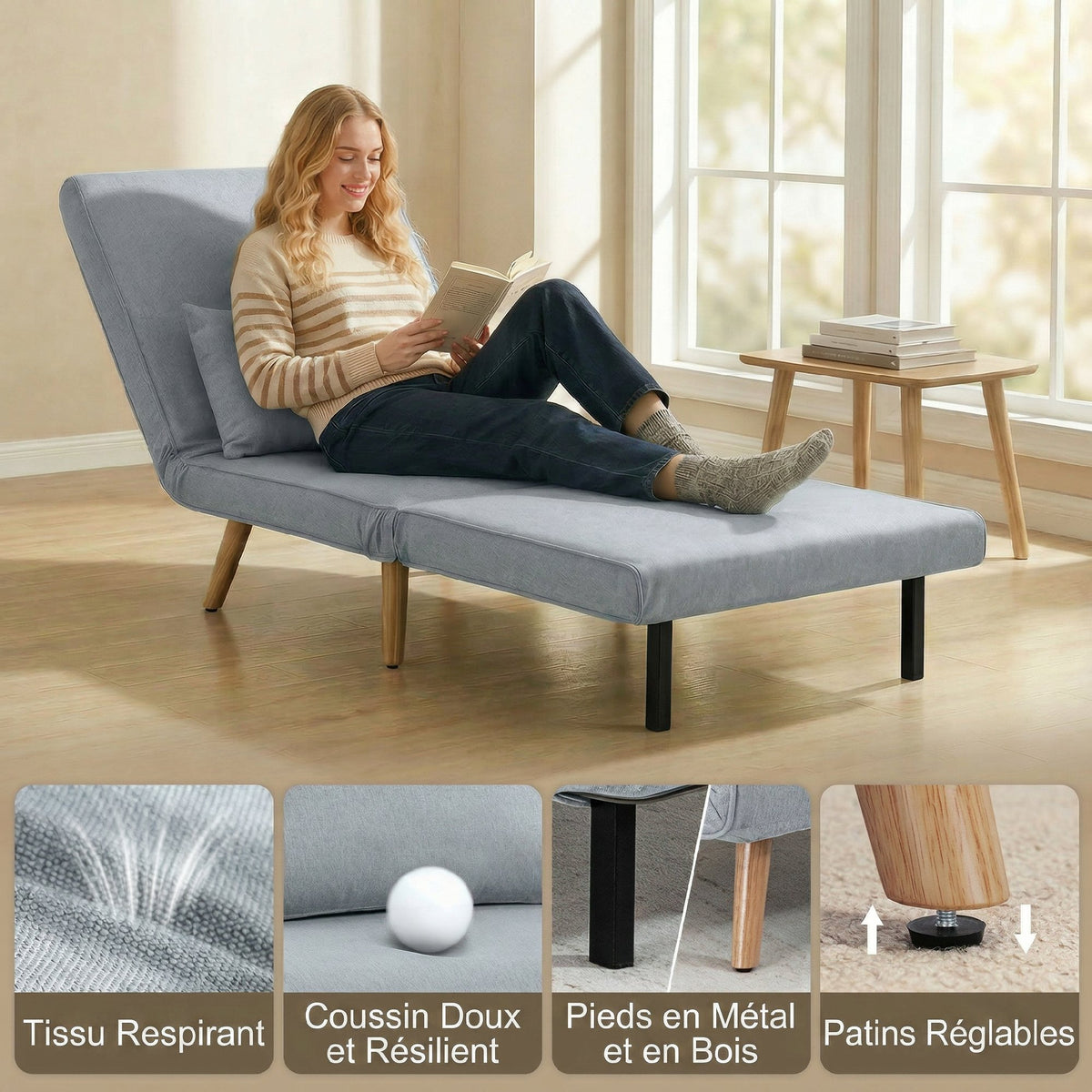 Fauteuil chauffeuse convertible 3 en 1 lit fauteuil lit 1 place dossier 5 positions en tissu avec coussin, gris-5