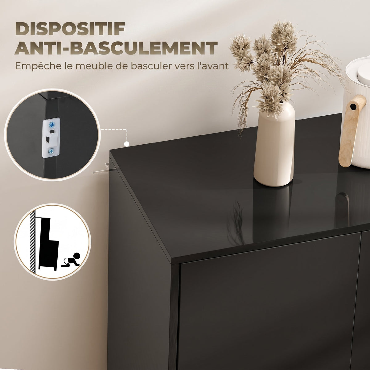 Buffet meuble de rangement 2 tiroirs coulissants 4 portes étagère réglable panneaux de particules 140 x 36 x 74 cm noir-6