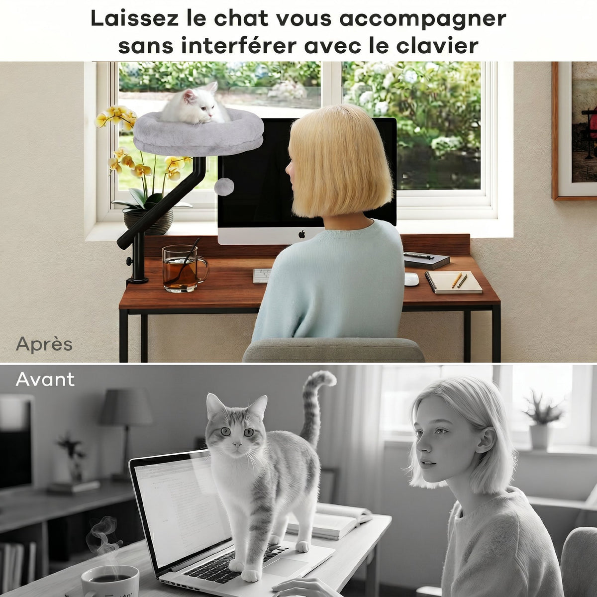 Lit de Bureau pour Chat Rotation de 360° et Hauteur Réglable, Lit pour Chat Lavable avec Balle Jouet,  35x35x48cm, Gris-3