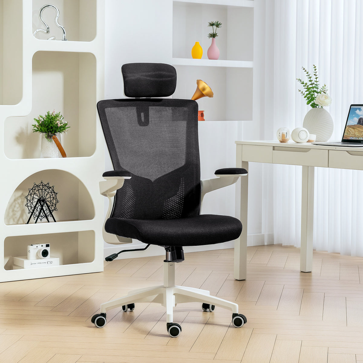 Chaise bureau ergonomique, fauteuil de bureau, accoudoirs relevables, soutien lombaire, appui-tête, 60x63x120cm, noir-9