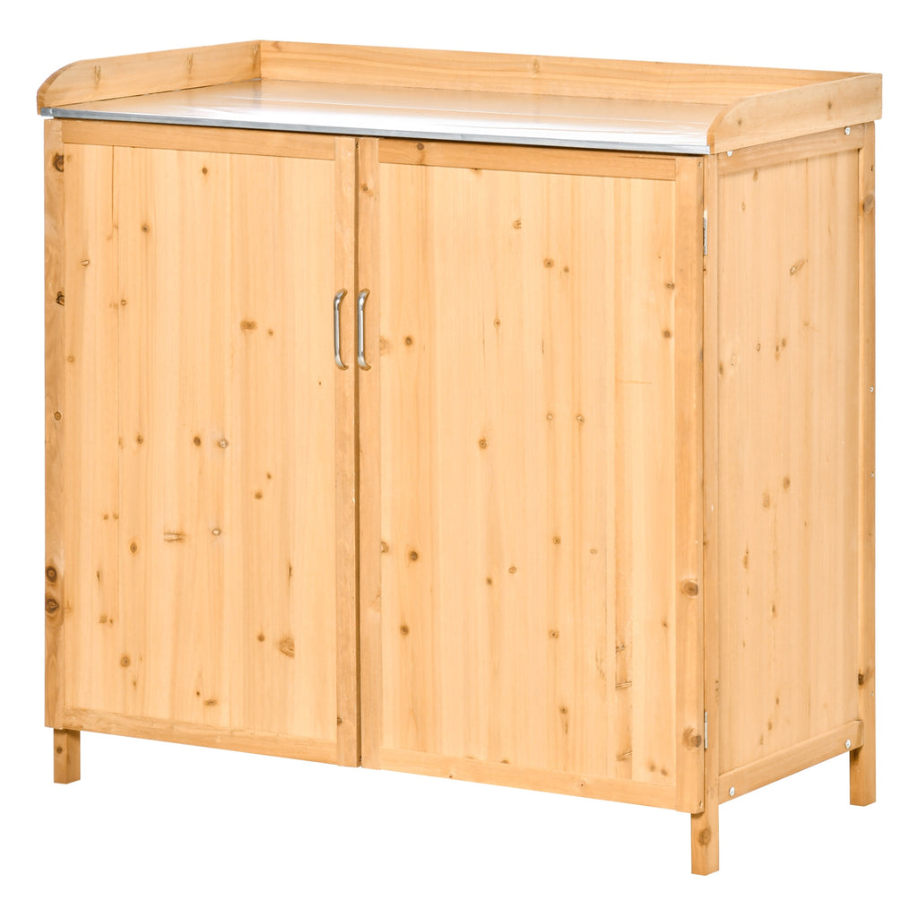 Armoire de jardin sur pied table de rempotage 2 en 1 - table de jardinage double porte, étagère, plateau tôle-9