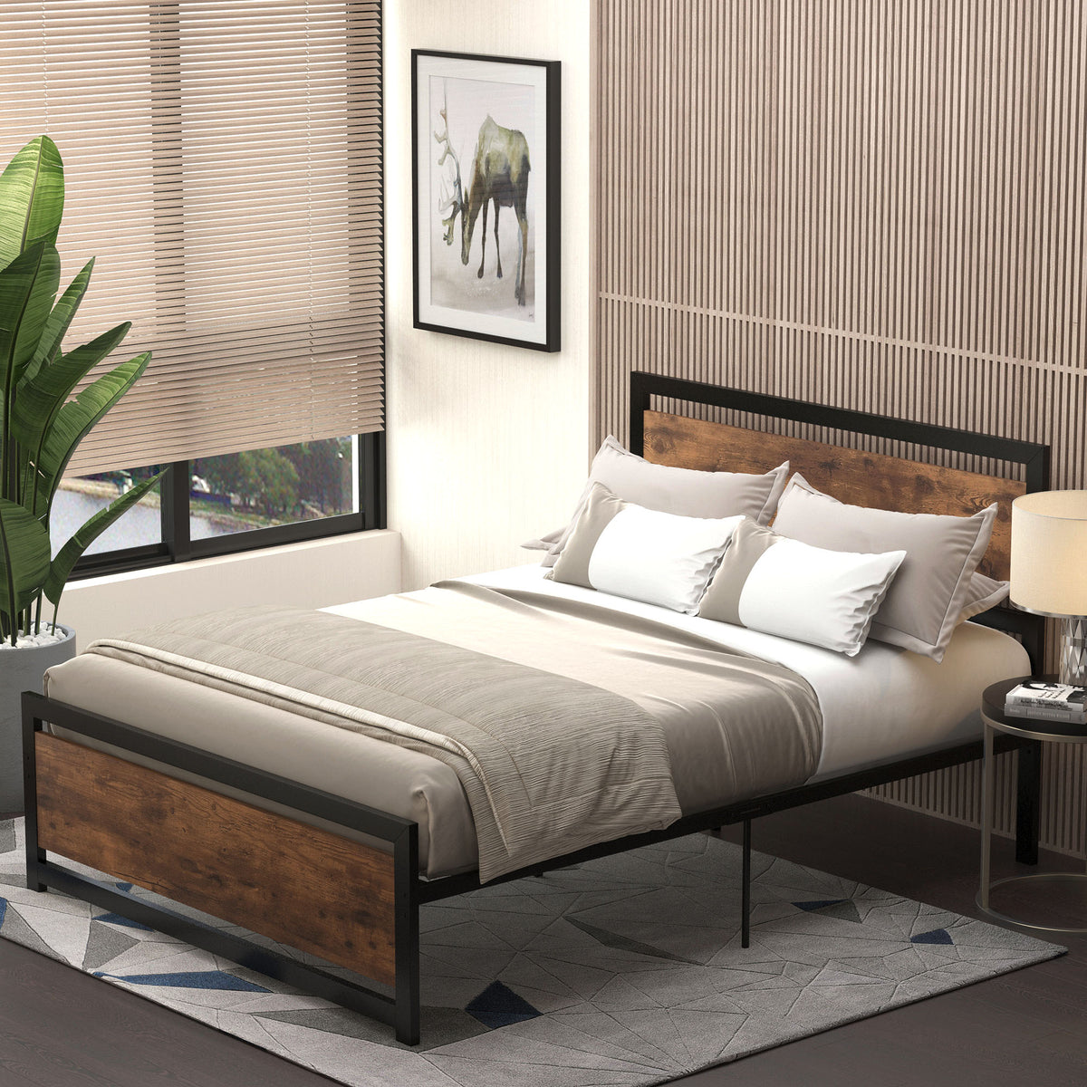 Cadre de lit double en acier avec sommier et tête de lit compatible matelas 190 x 140 cm aspect bois foncé-1