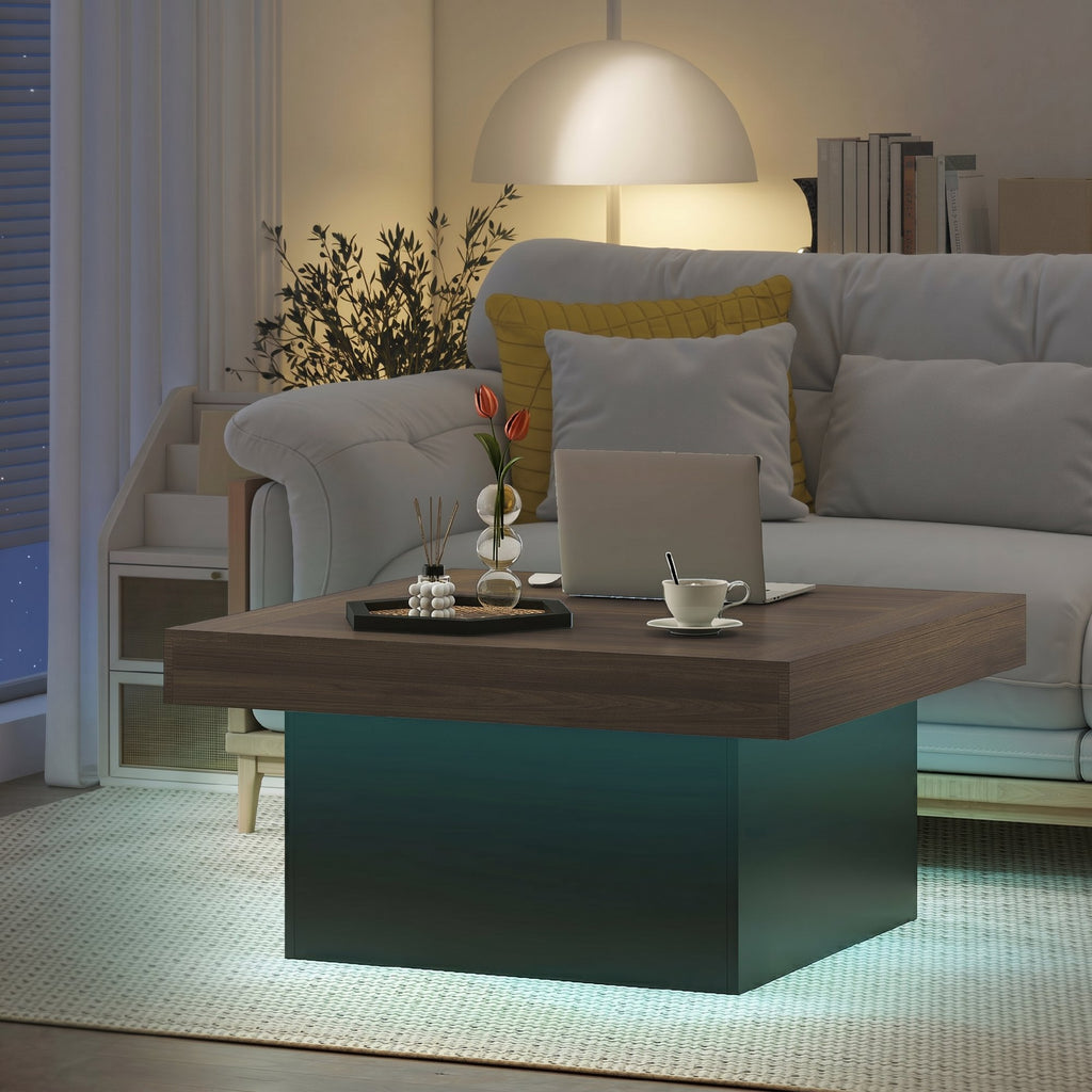 Table basse carrée avec éclairage LED 16 couleurs, table de salon moderne, 90 x 90 x 45 cm, noyer-6