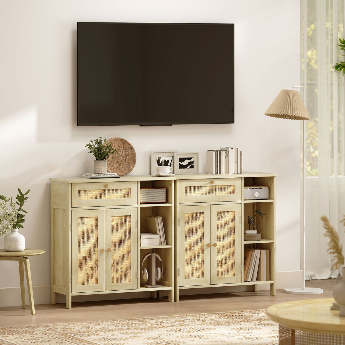 Buffet, meuble de rangement, 2 portes en rotin, tiroir, niches ouvertes, étagères réglables, 75x30x79,5cm, bois naturel-7